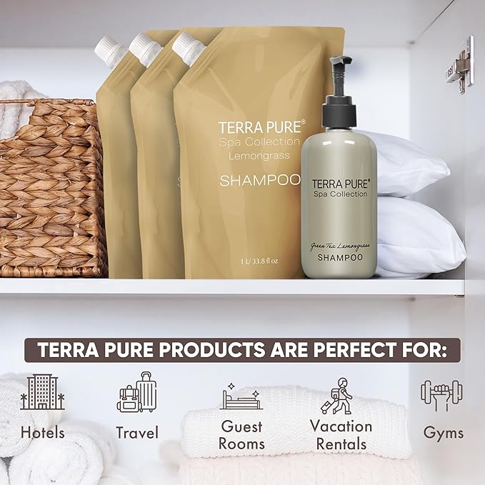 Terra Pure Spa Collection 1 Liter Conditioner Refill Bag For Soap Dispensers | Bulk Toiletries for Vacation Rentals, and Home Bathroom Showers | Green Tea Lemongrass | Single