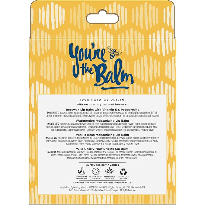 Burt's Bees You're the Balm Lip Balm Pack, With Beeswax, Wild Cherry, Watermelon and Vanilla Bean Flavors, With Responsibly Sourced Beeswax, Tint-Free, Natural Origin Lip Treatment, 4 Tubes, 0.15 oz.