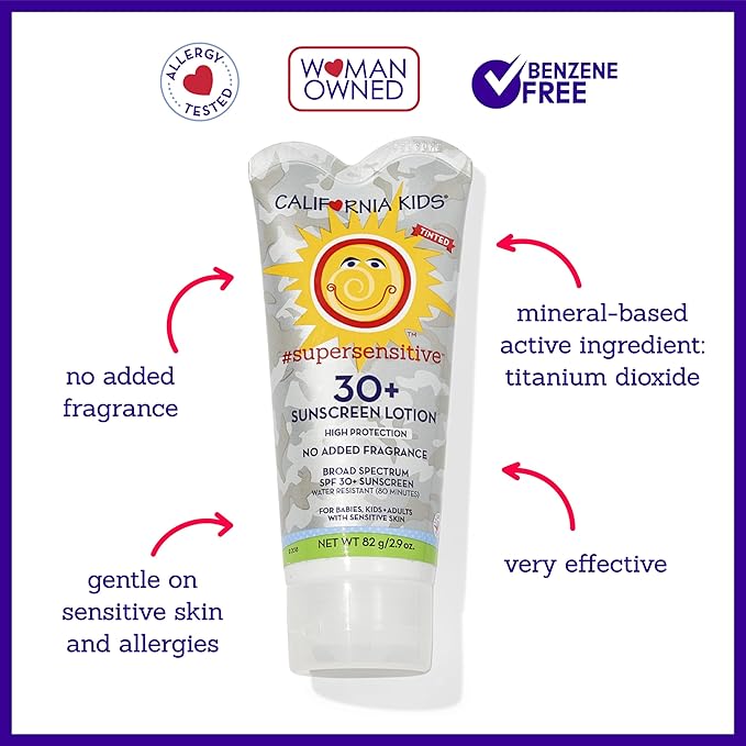 California Kids Super Sensitive SPF 30+ Sunscreen Lotion | Broad Spectrum | Titanium Dioxide | Unscented Hypoallergenic Mineral Sunscreen | Kids Sunscreen With Tint | 82 g / 2.9 oz.