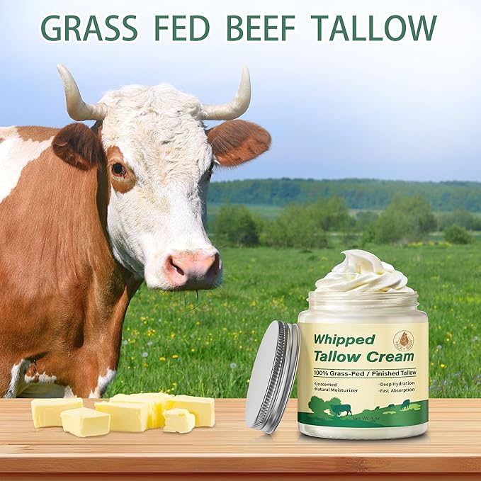 Beef Tallow for Skin, Organic Grass Fed Whipped Beef Tallow Moisturizer Nourishes and Hydrates the Skin, Natural Unscented Tallow Face Moisturizer Smooth Soft for Dry Skin, 4oz