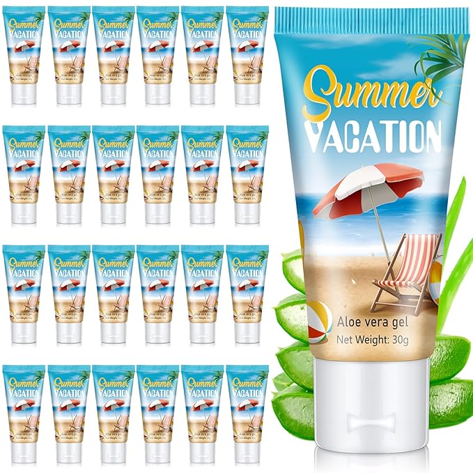 24 Pcs Mini Aloe Vera Gel Travel Size Bulk for Summer Vacation Party 1oz After Sun Aloe Vera Gel Sunburn Relief Hydrating Face Body Moisturizer Cream for Gifts Summer Party Supplies