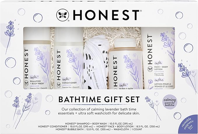 The Honest Company Calming Lavender Bathtime Gift Set | Hypoallergenic Bath Essentials for Sensitive Skin | Shampoo + Body Wash, Face + Body Lotion, Bubble Bath, Conditioner, Wash Cloth