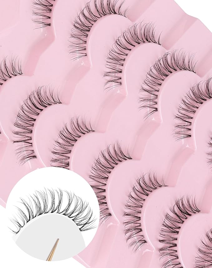 Mink Lashes Wispy False Eyelashes Short Fake Lashes Soft C Curl Eye Lashes Pack Natural Eyelashes Mink Eyelashes Fluffy Strip Lashes 7 Pairs
