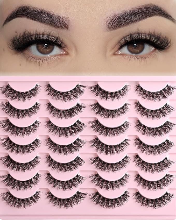 FARRED Cat Eye Lashes False Eyelashes Short Wispy Lash Strips Volume Eyelash 14 Pairs Cateye Medium Length False Clear Band Lashes Natural Looking Hybrid Clusters Full Strip Lashes (F25 | 8-14mm)