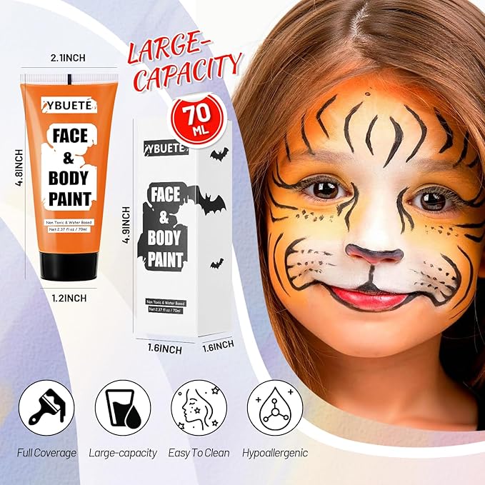 Orange Water Based Face Body Paint, 2.37 OZ Large Tube Full Coverage Face Paint for Tiger Pumpkin Cosplay, Washable Orange Body Painting Cream for Adult Carnival Halloween SFX Makeup