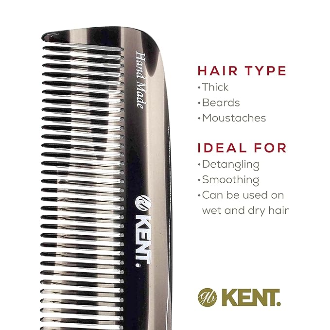 Kent 12T G Wide Tooth Detangling Comb - Handmade Pocket Comb for Thick, Curly, Wavy Hair - Large Tooth Hair and Beard Grooming Comb - Saw-Cut and Hand Polished
