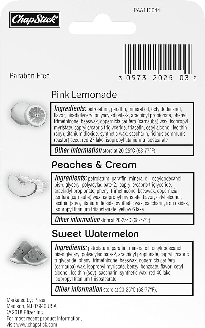 ChapStick I Love Summer Collection Pink Lemonade, Peaches and Cream, and Sweet Watermelon Lip Balm Tubes Variety Pack, Lip Balm Variety Pack - 0.15 Oz Each (Pack of 3)