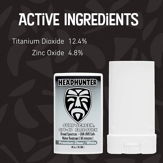 Headhunter Sunscreen Face Stick SPF 45, Waterproof Surf Sunblock for Waterman, Water-Resistant Facial Sunscreen for Ultra-Sport Protection and Solar Defense (80 min), Clear White (1 pack)