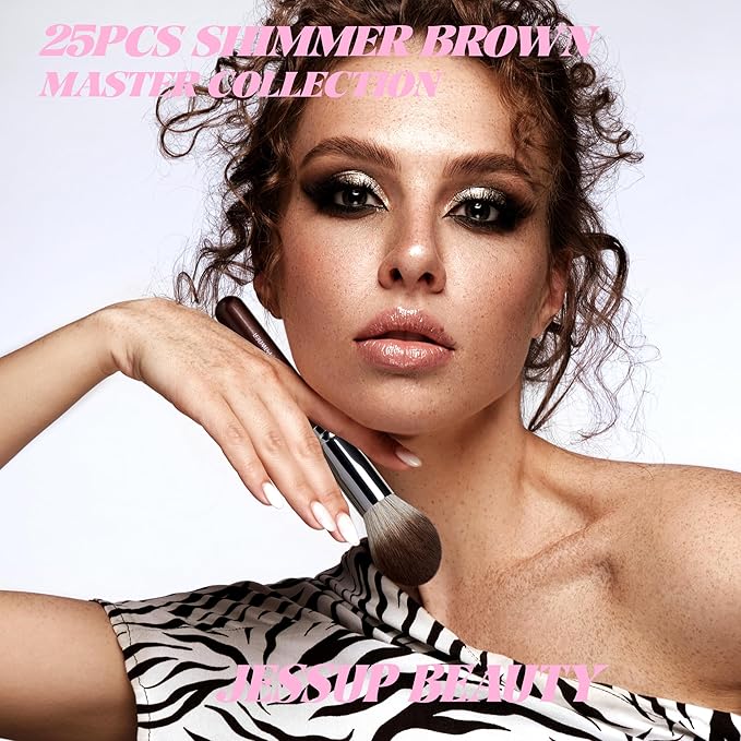 Jessup Makeup Brushes Set Professional 25pcs Premium Synthetic Make up Brushes for Foundation Eyeshadow Blending Concealer Blush Contour Bronzer Eyeliner Eyebrow, Shimmer Brown T511
