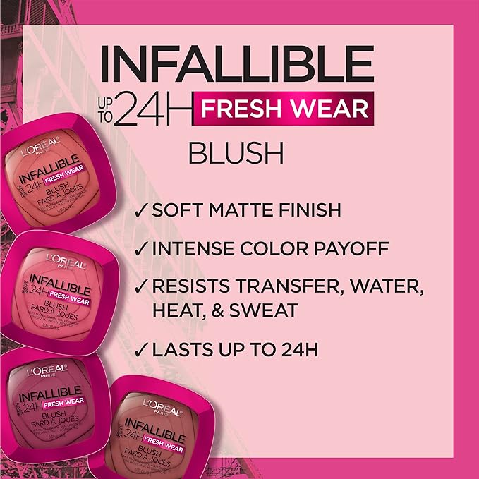 L'Oreal Paris Infallible Up to 24H Fresh Wear Soft Matte Blush, Blendable, Long-Lasting and Waterproof Cheek Make Up, Legendary Berry 15, 0.31 Oz