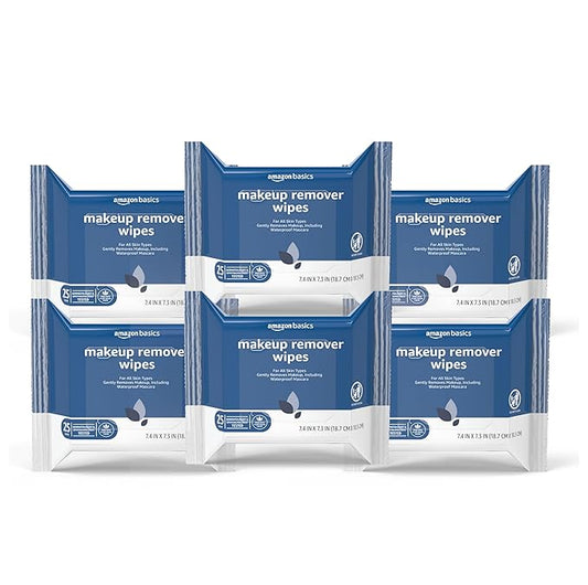 Amazon Basics Make Up Remover Wipes, Original, 25 Count, Pack of 6 (Previously Solimo)