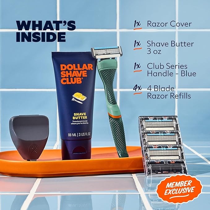 Dollar Shave Club | The Member Exclusive Shave Set | 4 Swift Rinse Refill Cartridges, 1 Handle (Green), 1 Shave Butter 3 ounce, 1 Razor Cover