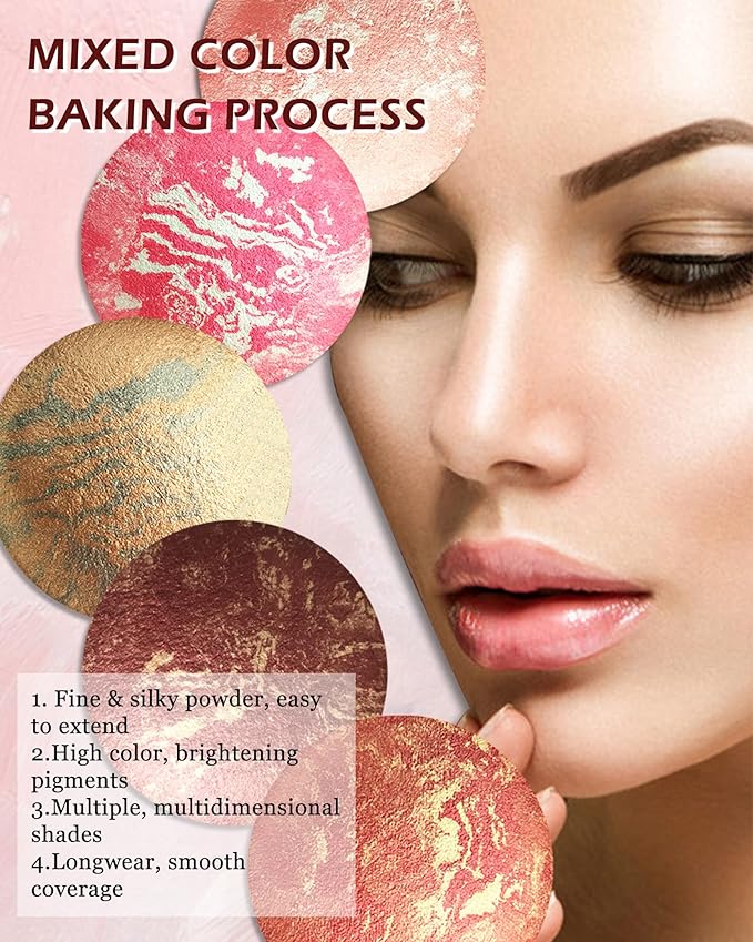 Baked Powder Blush, Glow Marbleized Blush Powder Palette,Lightweight Shimmery Cruelty-Free face Blush for Cheeks,Eyeshadow & Highlight,Makeup Gift for Women rubores de maquillaje(0.49Ounce)-04