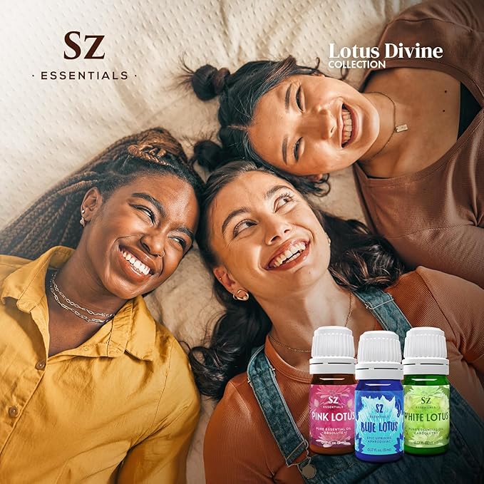 Divine Essential Oils Collection - Blue, Pink, White Lotus - Set of 3 Bottles (0.17 Fl Oz - 5ml Each) - 100% Pure, Natural & Undiluted - Therapeutic Grade & Vegan