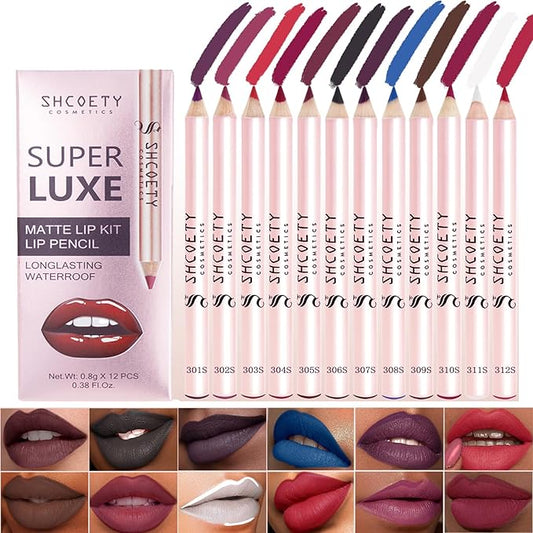 12 Colors Lip Liner Combo, Matte Nude Lipstick Long Lasting Waterproof Smooth Ultra Fine Texture High Pigmented Lip Plumping Brown Black Color Lip Pencil Makeup