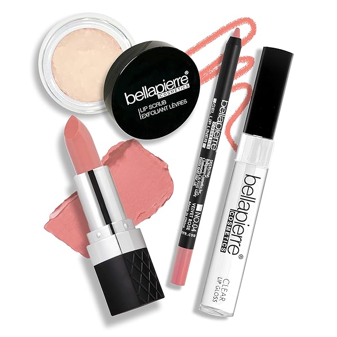 bellapierre Best in Pout Kit | Lip Scrub, Mineral Lipstick, Gel Lip Liner & Clear Lip Gloss | Non-Toxic and Paraben Free | Oil and Cruelty Free - Velvet Rose