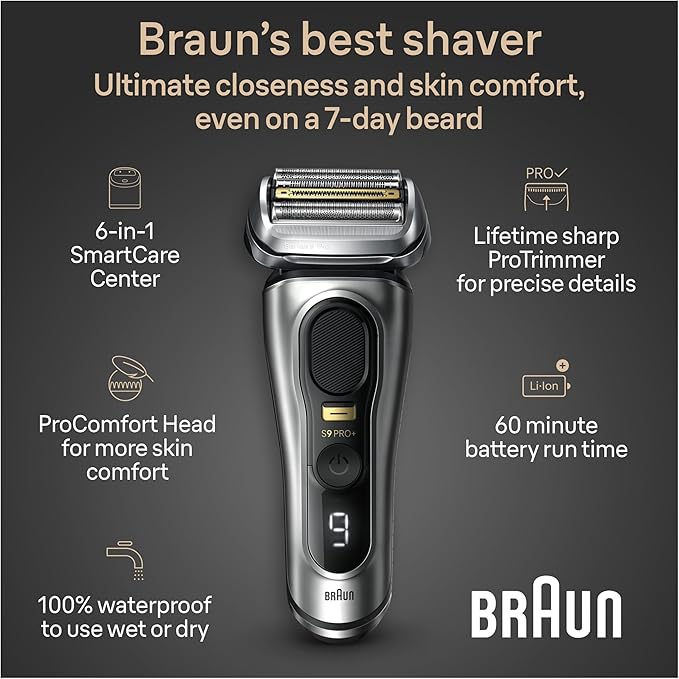 Braun Series 9 PRO+ Electric Razor for Men, 5 Pro Shaving Elements and Shave-Preparing ProComfort Head for Closeness & Skin Comfort, 6in1 SmartCare Center, Wet or Dry Use, Charging Stand, 9597cc