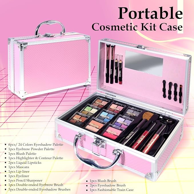 Makeup Kit for Teens Girls Women, Full Starter Cosmetics Set, Makeup Gift Set, Beginner Makeup Kit, Cosmetic Train Case For Women Full Kit, Included Eyeshadow Blusher Contour Eyebrow Powder