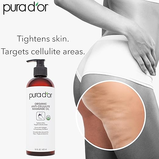 PURA D'OR 16 Oz Organic Anti-Cellulite Massage Oil - Lemon Peel, Moringa, Grape Seed, Grapefruit & Eucalyptus Oils - Skin Firming & Tightening for Active Individuals & Aging Adults