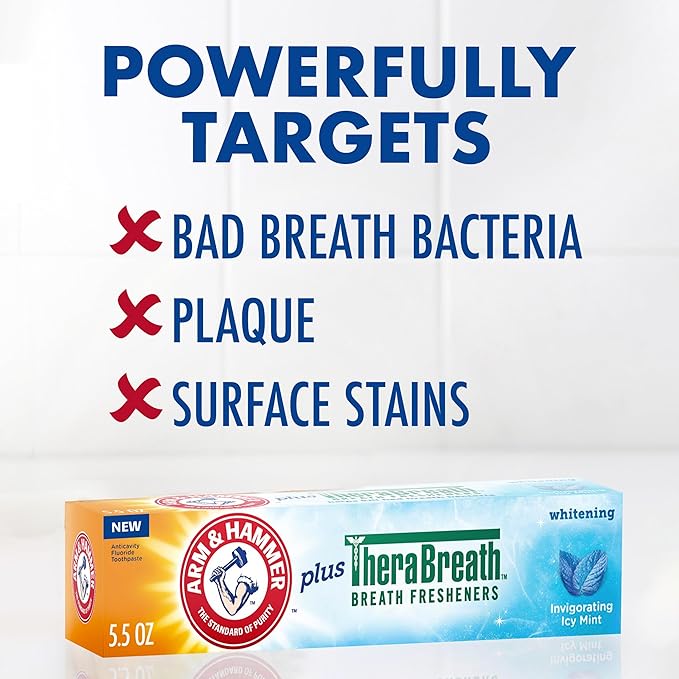 ARM & HAMMER Toothpaste Plus TheraBreath Breath Fresheners, Invigorating ICY Mint Flavor, Whitening Anticavity Fluoride Toothpaste for Bad Breath, 5.5 Oz (Pack of 2)
