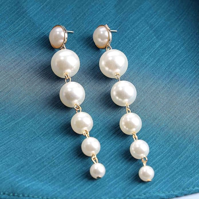 Boho Pearl Drop Dangle Earrings Big Pearl Tassel Earrings Gold Long Drop Earrings Elegant Vintage Earrings Jewelry for Women