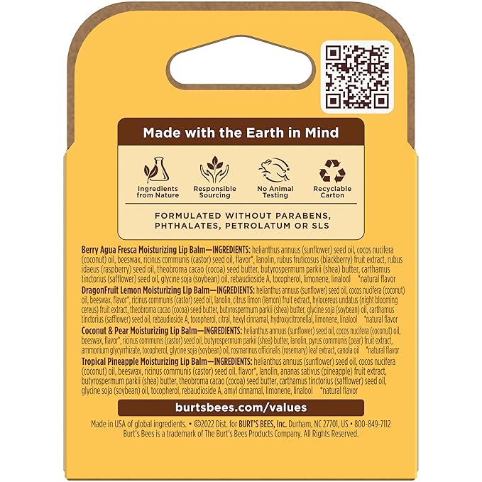 Burt's Bees Lip Balm - Berry Agua Fresca, Dragonfruit Lemon, Coconut & Pear, Tropical Pineapple Pack, With Beeswax, Tint-Free, Natural Origin Lip Treatment, 4 Tubes, 0.15 oz.