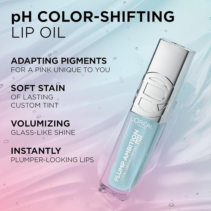 L'Oreal Paris Plump Ambition pH Hyaluron Lip Oil, Color Shifting Lip Tint with 24HR Hydration, Volumizing Shine and Lasting Color, 090 pH Berry Noir