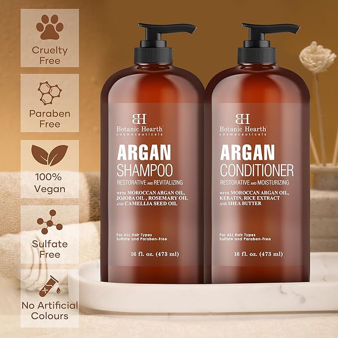 Botanic Hearth Argan Oil Shampoo And Conditioner Set | 16 Fl Oz Each With Keratin, Restorative & Moisturizing, Sulfate Free | All Hair Types & Color Treated Hair, Men And Women | (Packaging May Vary)