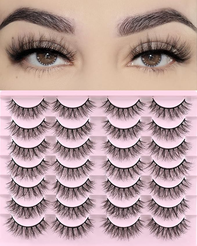 FARRED Natural Lashes Short Eyelashes Wispy False Mink Lash Pack 14 Pair Natural Look Fluffy Doll Eyelash Small Fake Strip Lashes Full Pestañas Sets for MUA and Beginners Daily Makeup (F3 | 8-16mm)