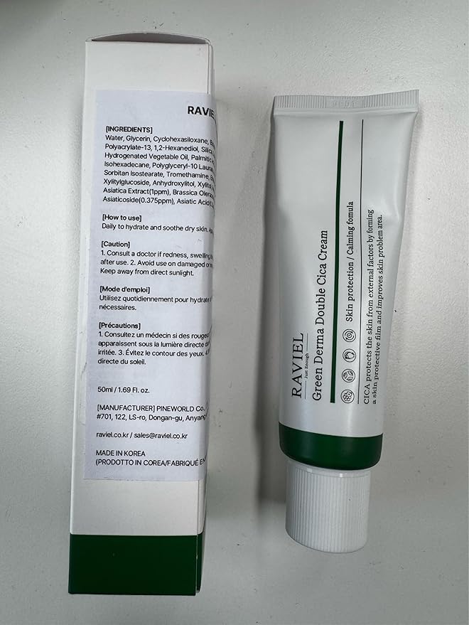 RAVIEL Green Derma Double Cica Cream | Redness relief & Skin Barrier Protection | Calming & Soothing, Deep Hydration Moisturizer for All Skin Types | Korean Skincare (1.7 fl oz, Pack of 1)