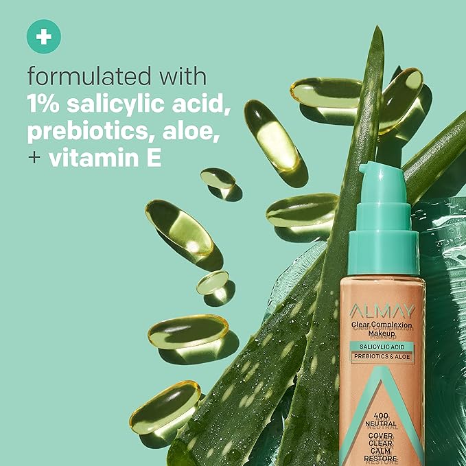 Almay Clear Complexion Acne Foundation Makeup with Salicylic Acid - Lightweight, Medium Coverage, Hypoallergenic, Fragrance-Free, for Sensitive Skin, 750 Golden, 1 fl oz.