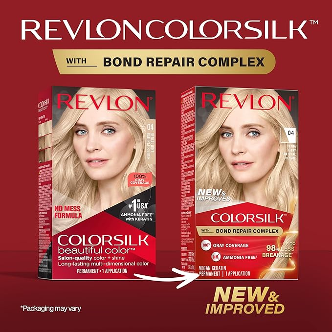 Revlon ColorSilk with Bond Repair Complex, Blonde Permanent Hair Color, 100% Gray Coverage, Ammonia Free Hair Dye, Vegan Keratin, 04 Ultra Light Natural Blonde (Pack of 3)