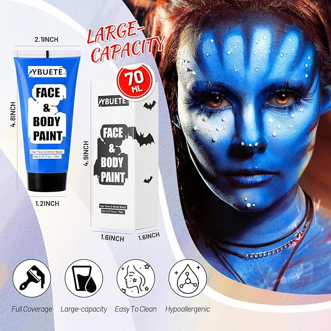 Blue Water Based Face Body Paint, 2.37 OZ Large Tube Full Coverage Face Paint for Avatar Smurfs Mermaid Cosplay Makeup, Washable Royal Blue Body Painting Cream for Adult Halloween SFX Makeup