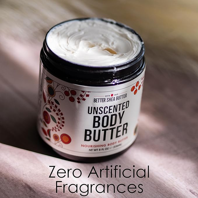 Unscented Body Butter for Dry Skin | with Raw Shea Butter and Jojoba Oil | Deep Moisturizer Safe for Sensitive Skin, Non Greasy, Fragrance Free | 8 oz