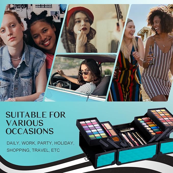 Color Nymph All In One Makeup Kit Comestics Gifts for Girls Teens, Travel Makeup Set 4 Trays Train Case for Beginner Includes Eyeshadow Highlighter Lipgloss Blush Concealer Brush Eyeliner Lipbalm