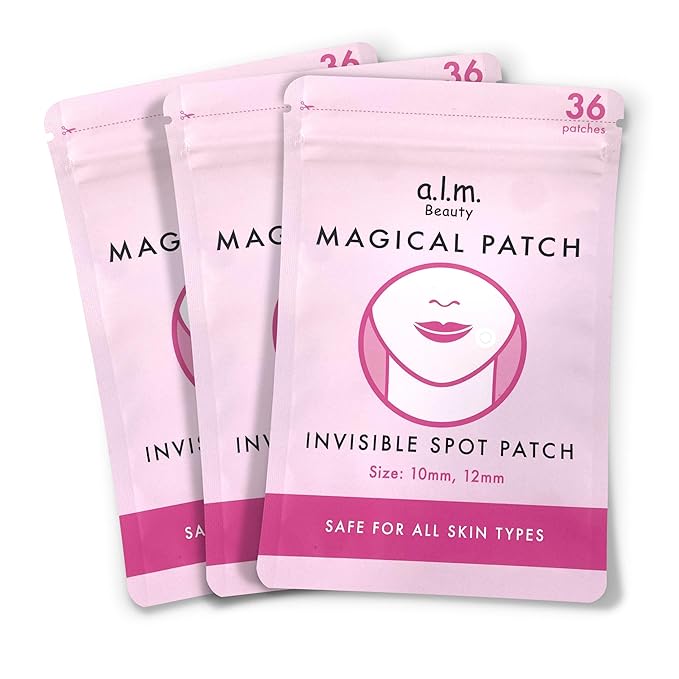 a.l.m. Magical Patch (3) Hydrocolloid pimple patches. These ultra thin & translucent hydrocolloid adhesive covers and absorb unwanted pimples. Parches Para Acne for skincare.