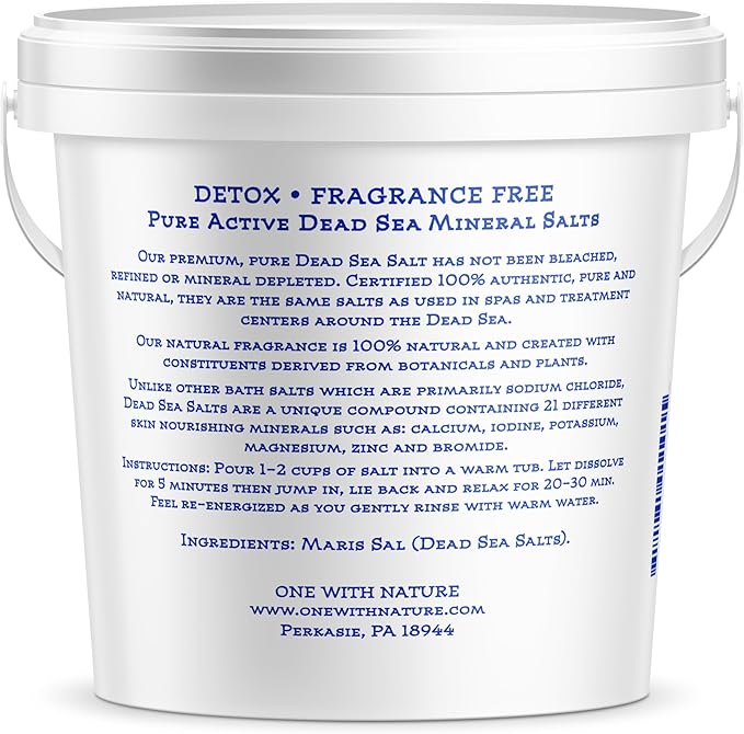 One With Nature 100% Pure Dead Sea Salt for Bath, 5lb Unscented. Dead Sea Salt is high in Essential Minerals, Such as Magnesium, Sulfur, Zinc, Potassium. Exfoliates, Nourishes Skin, Helps Restore pH