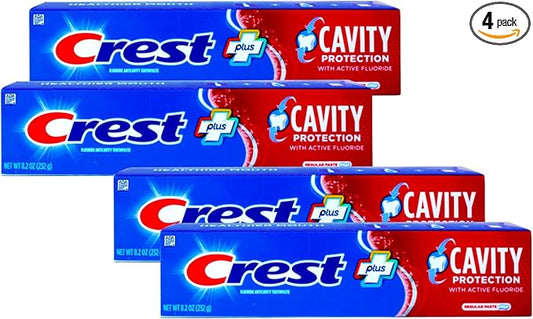Crest Fluoride Cavity Protection Toothpaste 8.2 Ounce Regular Paste, Bulk Toothpaste, Prevents Cavities Before They Start (4 Pack)