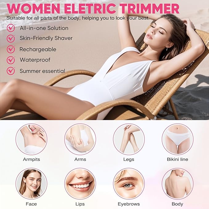 Bikini Trimmer for Women, Electric Razor & Shaver with Dual Ceramic Blades, Painless Hair Removal for Face, Body & Intimate Areas, 90min Cordless Runtime, Waterproof Travel Grooming Kit