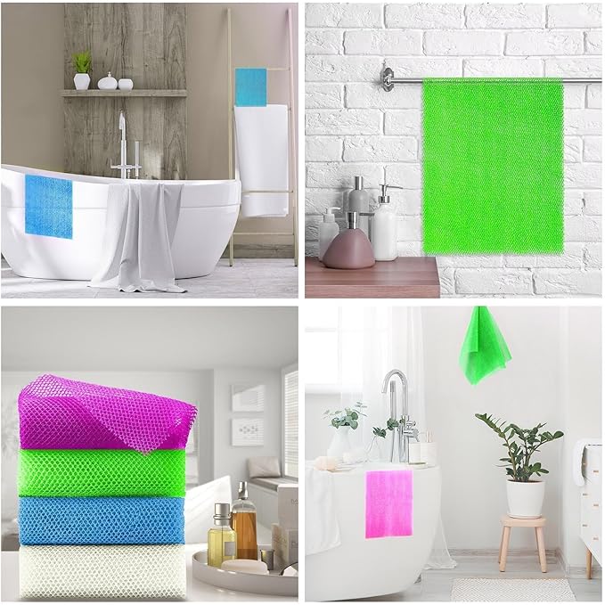 UJFQBH 4 Pieces African exfoliating net African Net Long Net Bath Sponge Exfoliating Shower Body Scrubber Back Scrubber Skin Smoother,Great for Daily Use (Purple, Blue, Green, White)