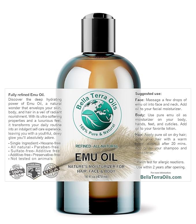 Emu Oil 16 oz 100% Pure Fully Refined Organic Undiluted - Bella Terra Oils