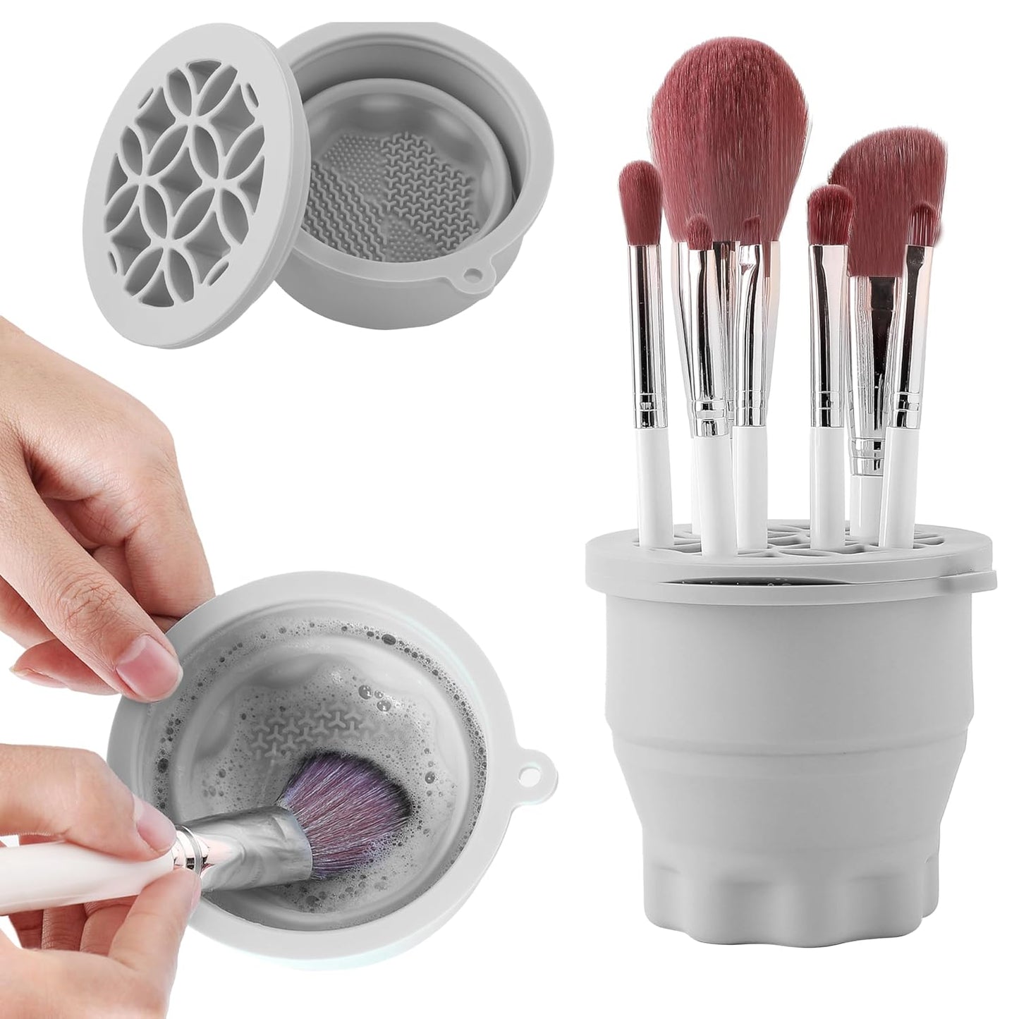 Makeup Brush Cleaner - Foldable Silicone Makeup Brush Cleaner Mat with Brush Storage Holder Makeup Brush Cleaning Bowl Cosmetic Brush Washing Tool for Cleaning Organizer and Drying (Grey)