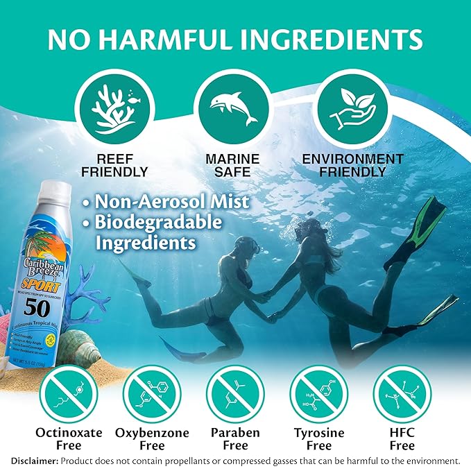Caribbean Breeze Continuous Tropical Mist SPF 50 Sunscreen Spray Sport, Reef Safe Sunscreen, Up to 80 Minutes Water Resistant, 5.5 Ounces, 2 Pack