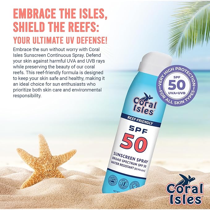 Reef Safe Sunscreen Spray SPF 50 - Broad Spectrum UVA/UVB Protection - Octinoxate & Oxybenzone Free - Hawaii Compliant - Non-Greasy, Fragrance Free - Water Resistant - 6 Fl Oz 3 pack