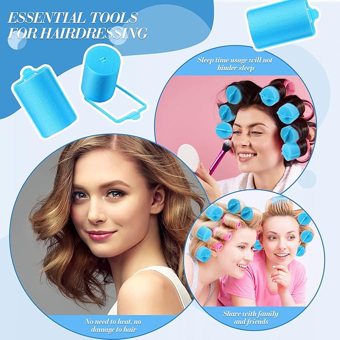 Geyoga 18 Pieces Sponge Hair Rollers Large Soft Foam Hair Styling Curlers Large Size Hairdressing Curlers for Women(1.4 x 2.6 Inches,Blue)