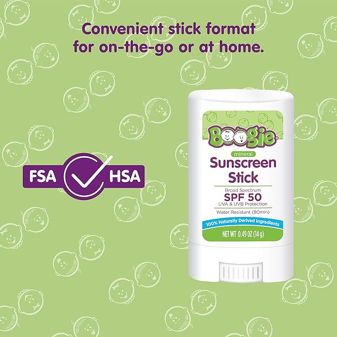 Baby Sunscreen Stick by Boogie, Mineral Sunscreen SPF 50, Travel Size Sunblock for Kids, FSA/HSA Eligible, Zinc Oxide, Water Resistant, Vegan, Fragrance Free, Pack of 2