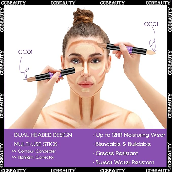 CCbeauty 2pcs 2-IN-1 Matte Contour Highlighter Stick with Blush,Cream Dual-End Highlight Bronzer Concealer & Blusher for Cheeks & Lip, Long Lasting Contouring for Face Shaping Makeup, Light-Medium
