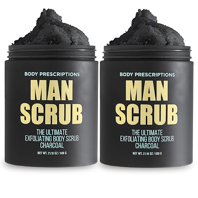 Body Prescriptions Men’s Exfoliating Body Scrub – Ultimate Skin Cleansing Wash in Jar with Twist-Top Lid, For All Skin Types, 21 Ounce (Pack of 2), Charcoal