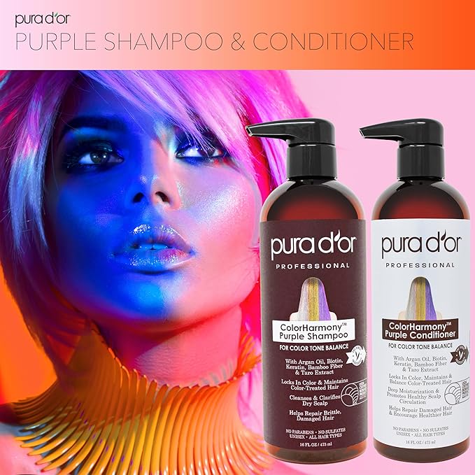 PURA D'OR 16 Oz ColorHarmony Purple Shampoo For Bleached, Blonde, Silver & Color Treated Hair - Keratin, Bamboo Fiber, No Sulfates, Select Natural Ingredients - Men & Women