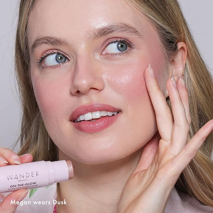 Wander Beauty On-the-Glow Blush and Illuminator - Dusk/Nude Glow - 7-in-1 Hydrating Cream Blush & Highlighting Stick - Stick Blush for Cheeks, Lip, Face & Body - Highlighter Makeup & Blush - 0.4 oz